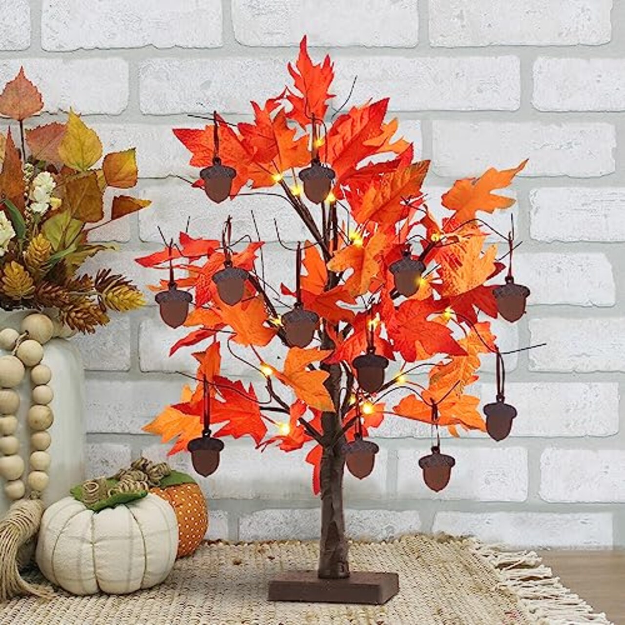 Fall Decorations for Home, 24”/2FT Lighted Fall Maple Leaves Tree with 24LT Warm White LEDs for Autumn Decor, 12 Wood Acorns Ornaments Battery Powered Timer for Home Decor, Thanksgiving